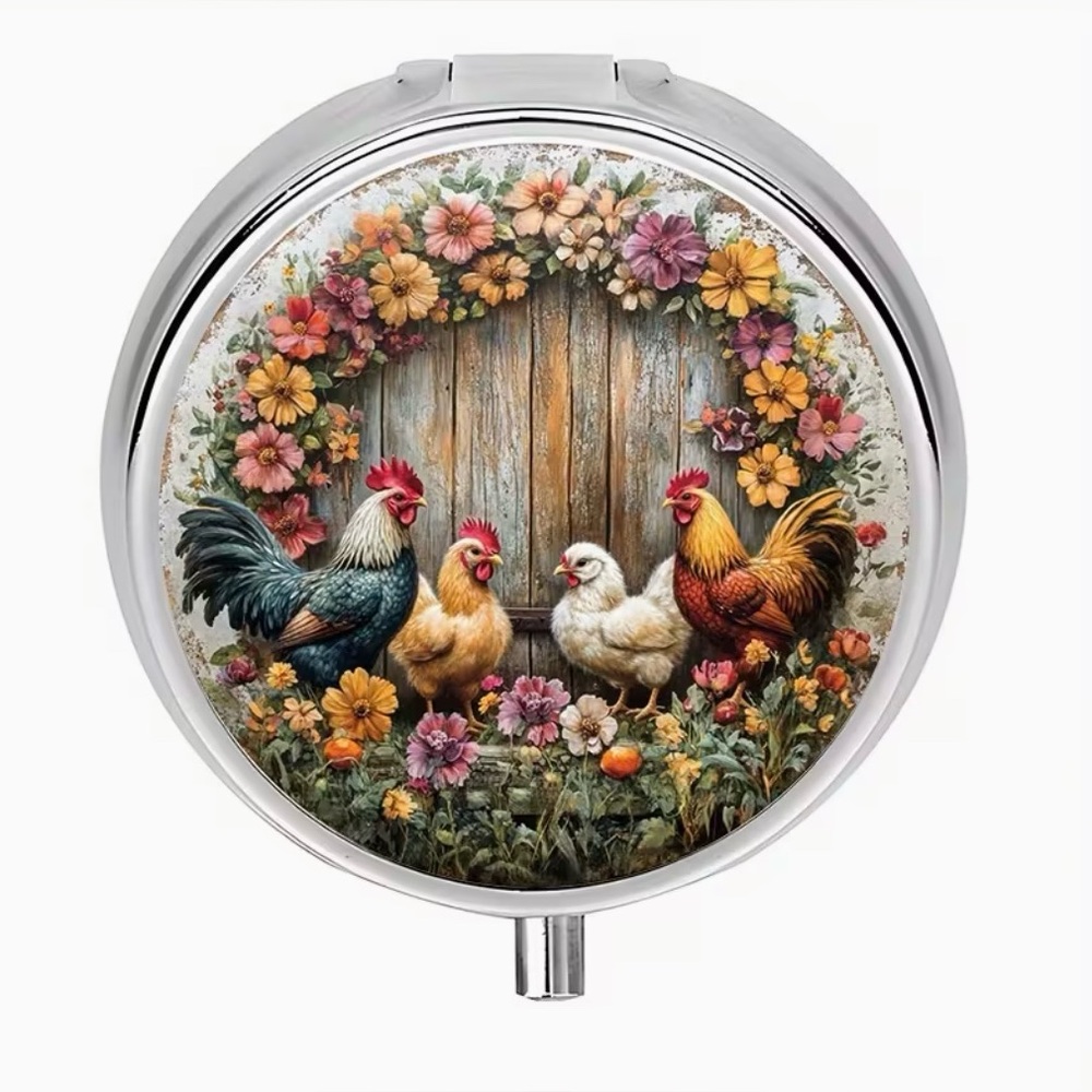 Chicken Farmhouse Theme Round Pill Organizer 3-Compartment Compact Pill Case New